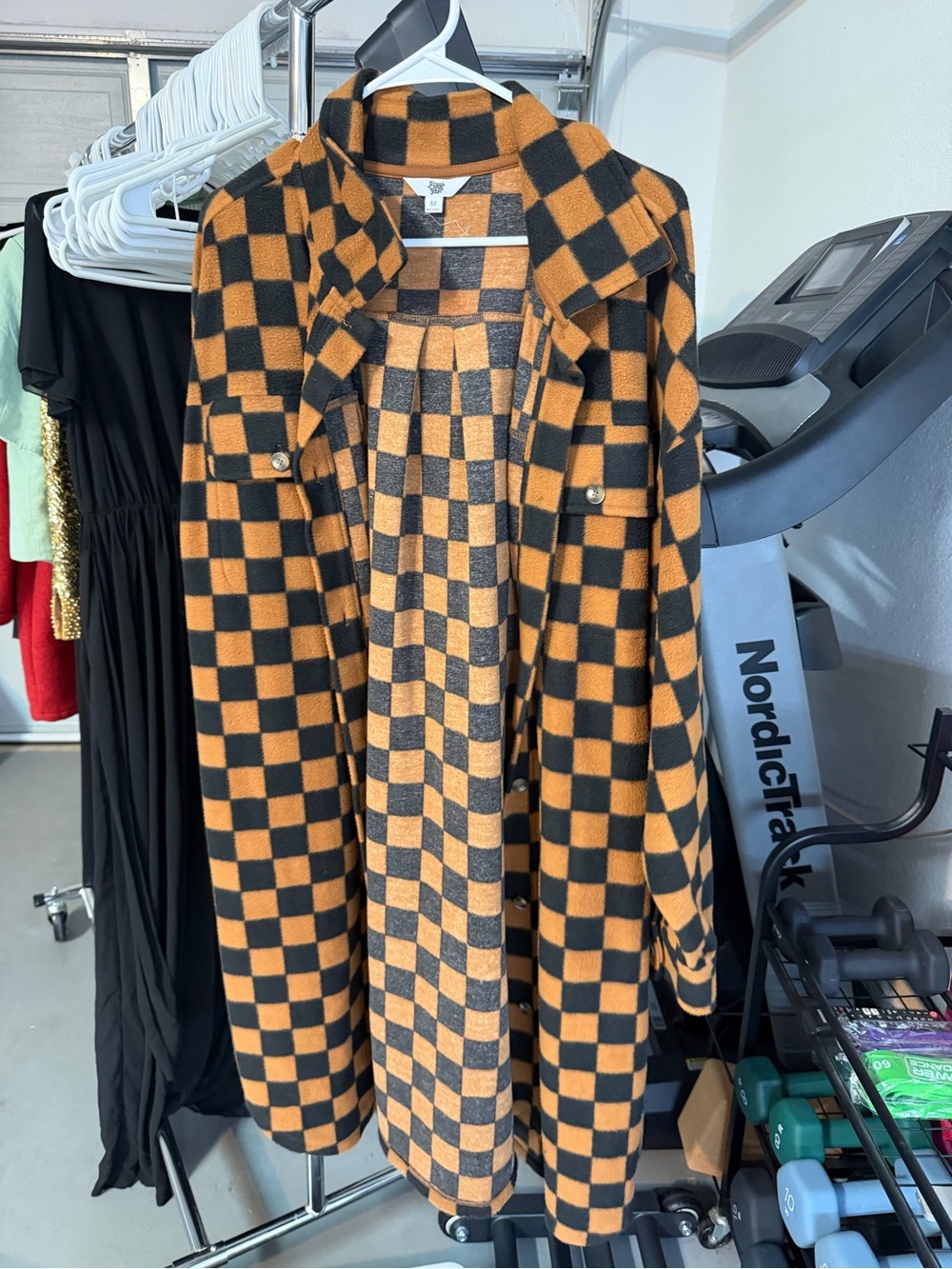 Checkerboard Orange & Black Trench Coat - Women